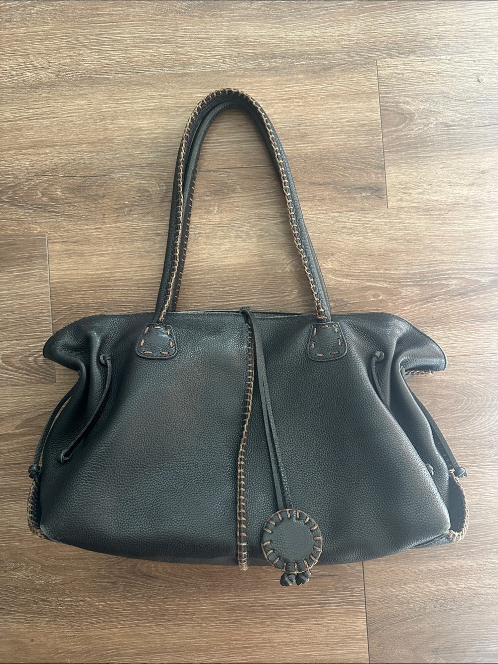 Navy Leather Tote Bag with Contrast Stitching